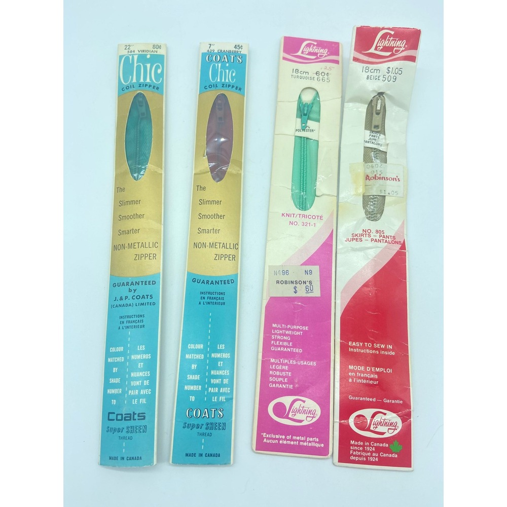 Vintage Zippers Lot of 4 New Original Pkg Chic Lightning Viridian Turquoise Red